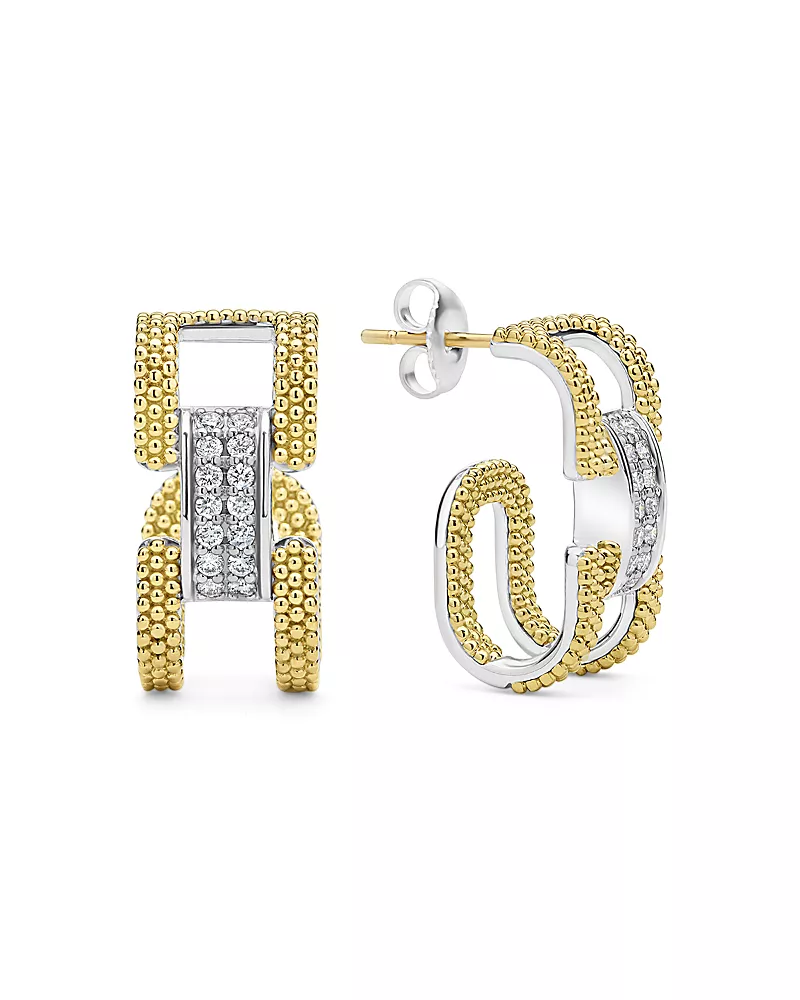 Lagos 18K Yellow Gold & Sterling Silver Caviar Lux Clip Diamond Pave Hoop Earrings - Exclusive