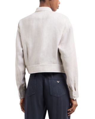 Woven Nappa Leather & Linen Bomber Jacket with Oversize Front Pockets