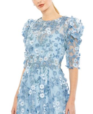 Applique High Neck Puff Sleeve A Line Dress
