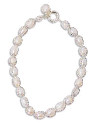 Pearl Octopuss.y - Pearl Drop Crystal & Cultured Freshwater Pearl Collar Necklace in Silver Plated, 17"