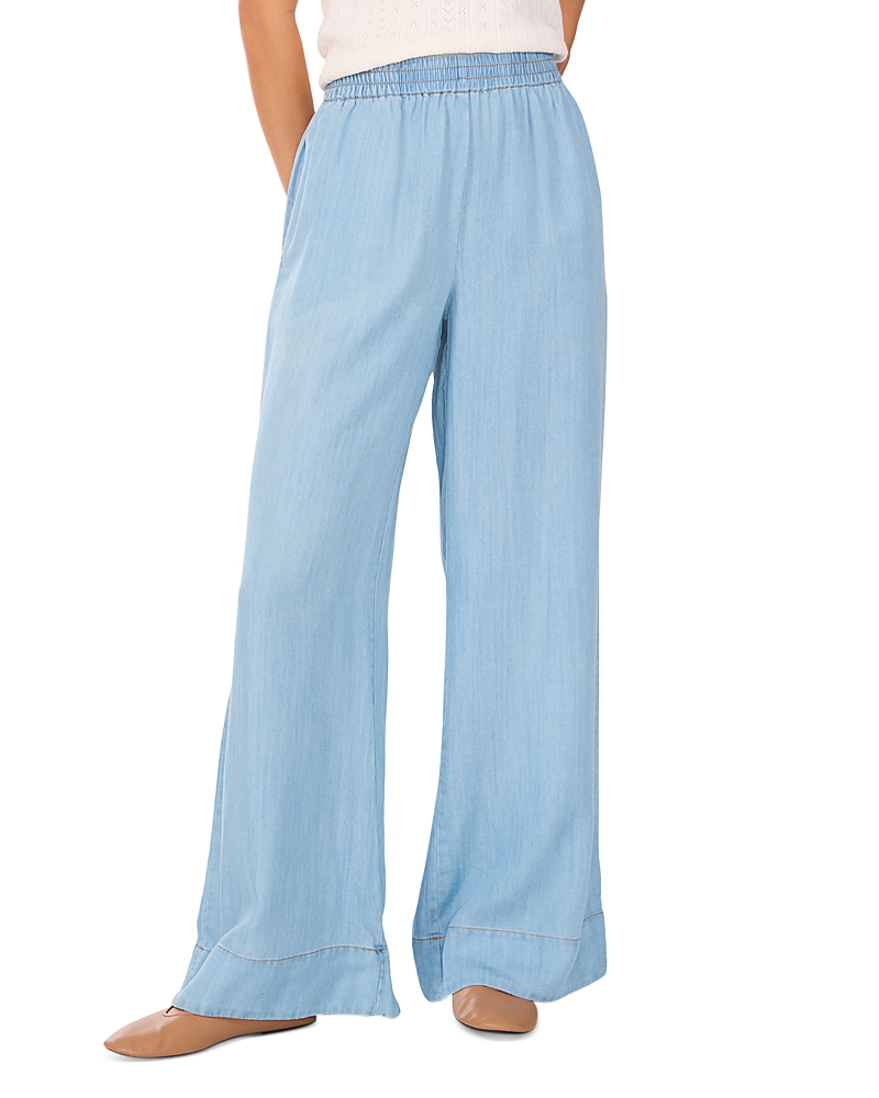 1.state Womens Chambray Johnny Collar Top Chambray Drawstring Wide Leg Pants In Angel Blue