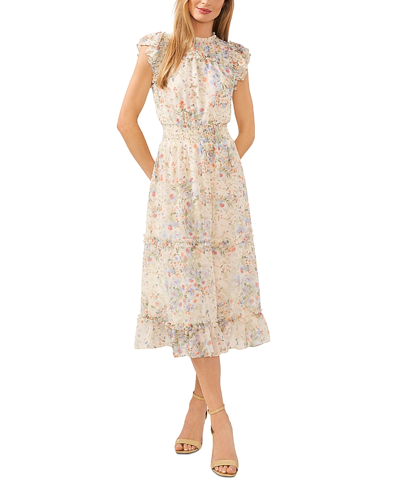 Cece Floral Ruffle Midi Dress In Egret