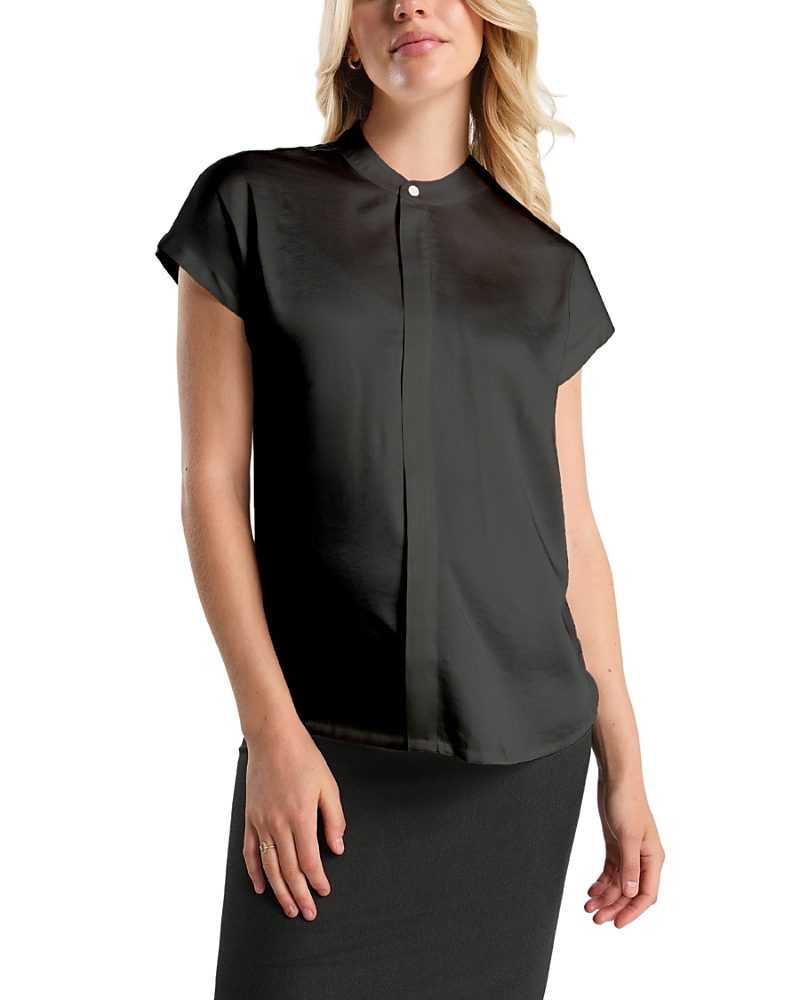 Marion Short Sleeve Satin Maternity Shell Top With Concealed Nursing Zip In Black