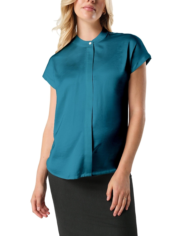 Marion Short Sleeve Satin Maternity Shell Top With Concealed Nursing Zip In Peacock