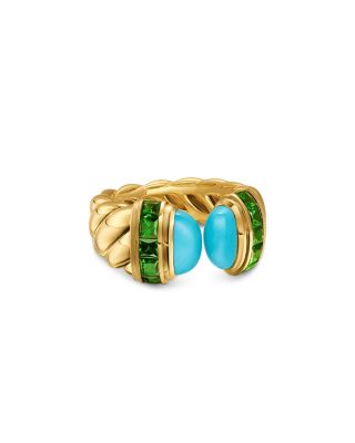 Sculpted Cable Open Cocktail Ring in 18K Yellow Gold with Turquoise and Tsavorites, 12.4mm