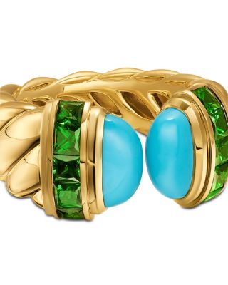 Sculpted Cable Open Cocktail Ring in 18K Yellow Gold with Turquoise and Tsavorites, 12.4mm