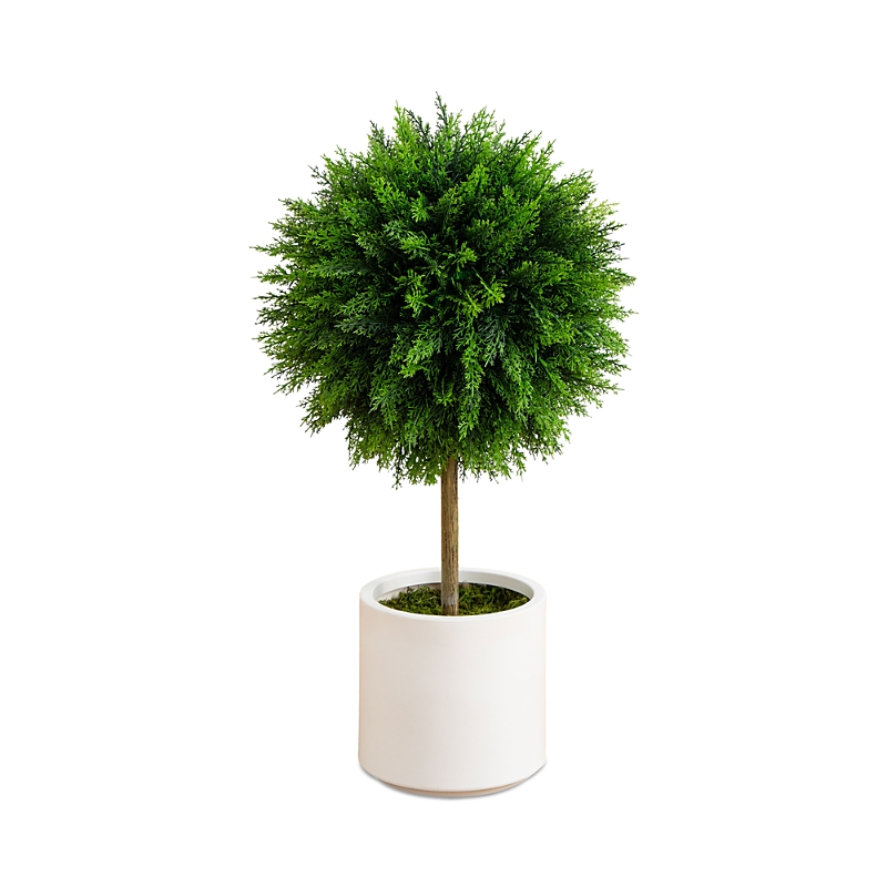 Nearly Natural 2.5' Uv Resistant Artificial Cedar Ball Topiary Tree In White Decorative Planter (indoor/outdoor) Ar In Green