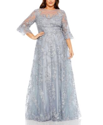  Plus High Neck Flutter Sleeve Embellished A-Line Gown