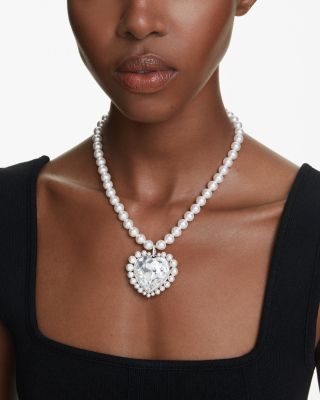 Ariana Grande Imitation Pearl & Crystal Heart Halo Pendant Necklace, 14.875-17.75"  