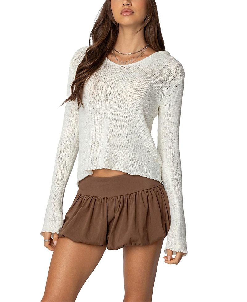 Shop Edikted Mai Hooded V Neck Sweater In Cream