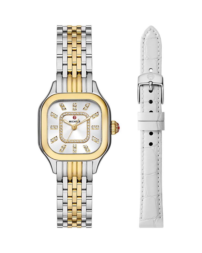 Michele Meggie Two Tone 18k Gold Plated Diamond Dial Watch Gift Set In White/two Tone
