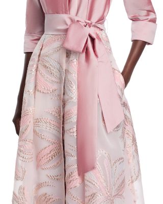 Taffeta Metallic Tie Waist Shirt Dress Gown