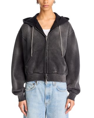 Rhinestone Drawstring Zip Up Hoodie  