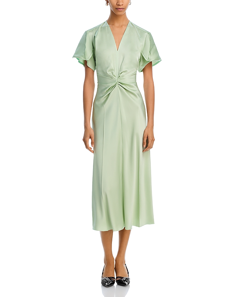 Victoria Beckham Gathered V-neck Midi Dress In Jade