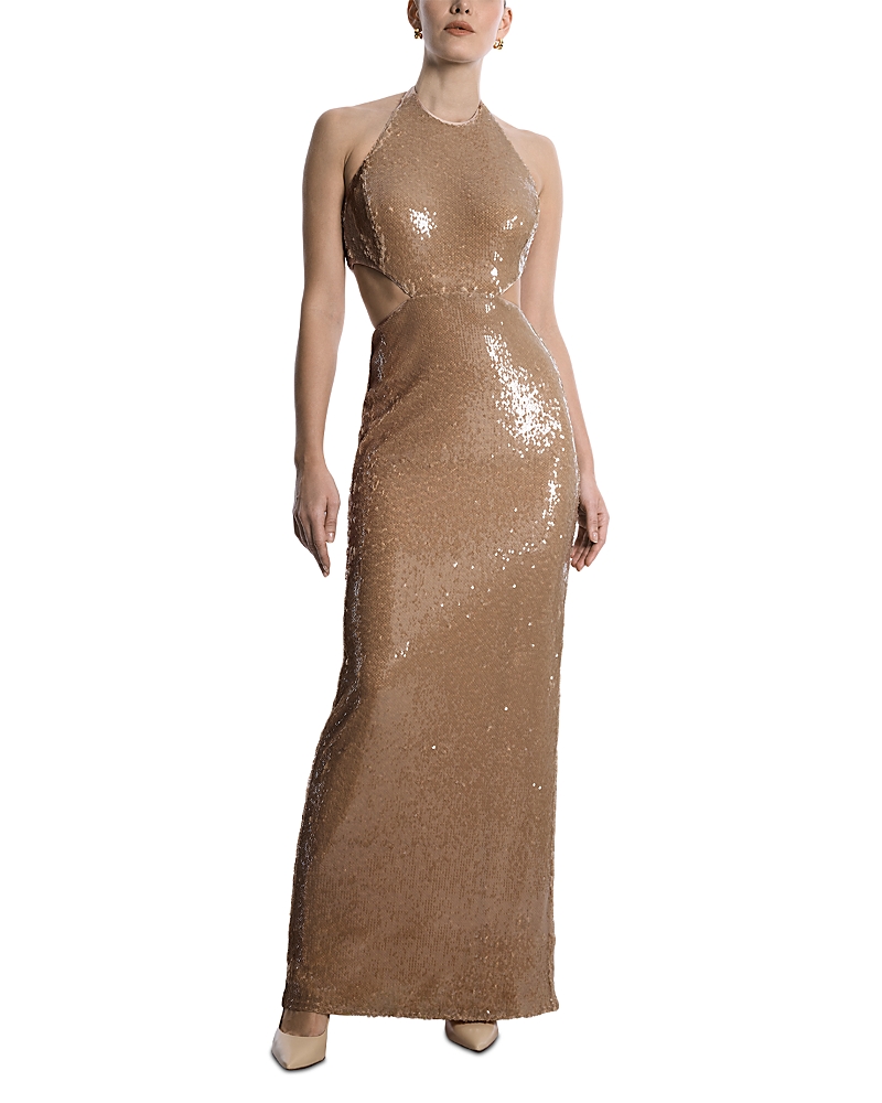 Bcbg Sequin Cut Out Halter Gown In Almond