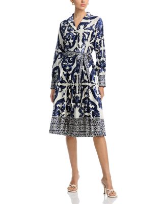 Gracia - Floral Long Sleeve Lapel Collar Tie Belt Dress