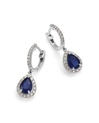 Blue Sapphire & Diamond Pear Halo Drop Earrings in 14K White Gold