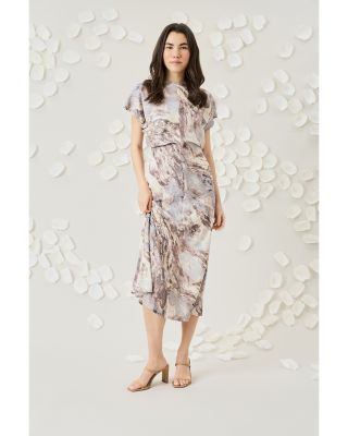 Printed Short Sleeve Gathered Midi Dress