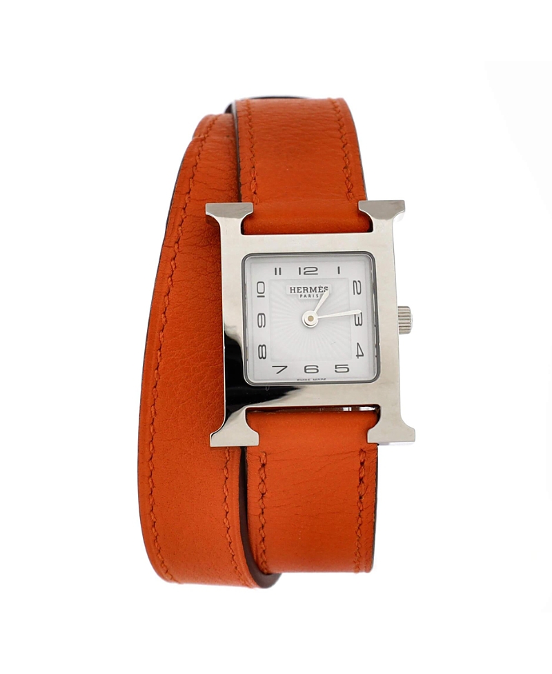 Pre-owned Pre-owned Hermes Hermes Heure H Double Tour Quartz Watch In Stainless Steel And Leather 21mm In Dial Color: White