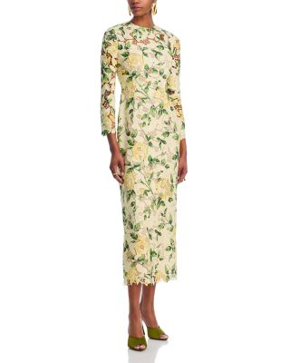 Oscar de la Renta - Long Sleeve Printed Garden Rose Guipure Dress