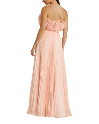 Pleated Chiffon Strapless Gown with Ruffles