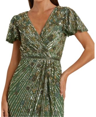 Embellished Faux Wrap Flutter Sleeve Dress