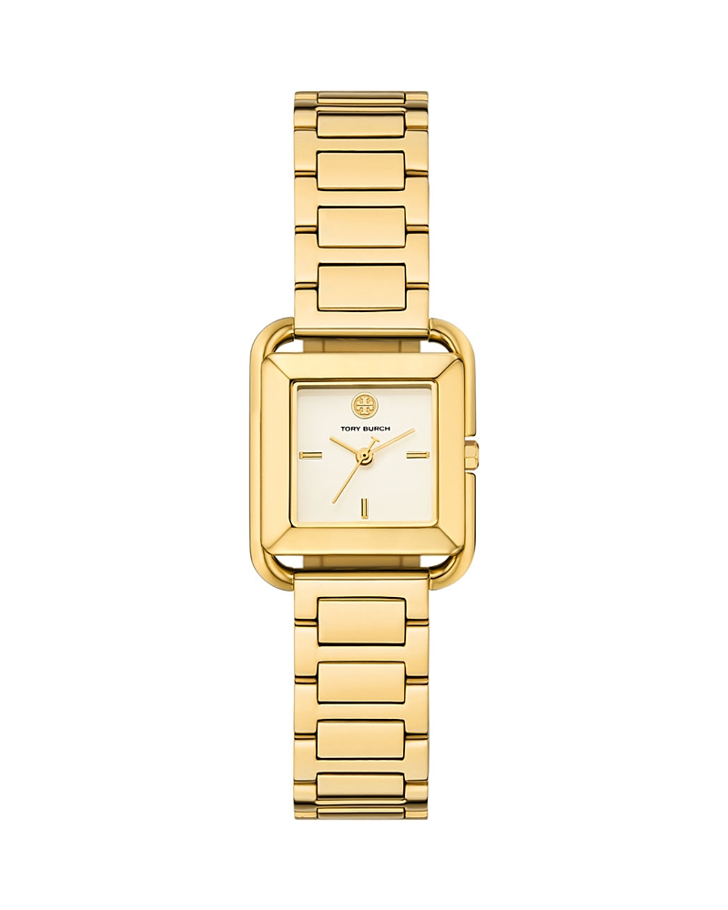 Tory Burch The Kira Square Three Hand Gold Tone Stainless Steel Watch, 24mm X 24mm In White/gold