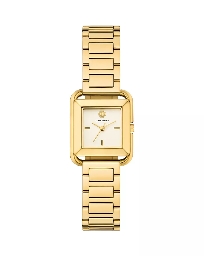 Tory Burch The Kira Square Three Hand Gold Tone Stainless Steel Watch, 24mm x 24mm