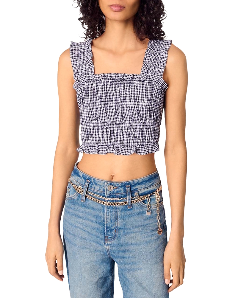 Maje Womens Gingham-print Sleeveless Smocked Crop Top Bicolore In Navy/white
