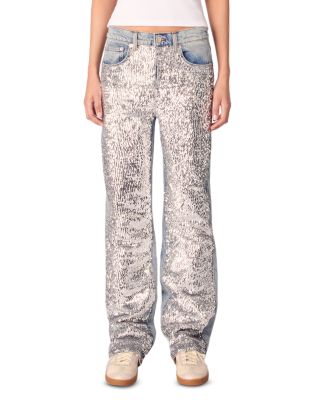 Maje - Sequined High Rise Straight Jeans in Blue Sky