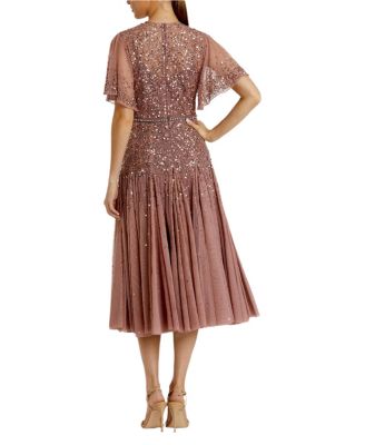  Cape Sleeve Beaded Tea Length A-line Dress