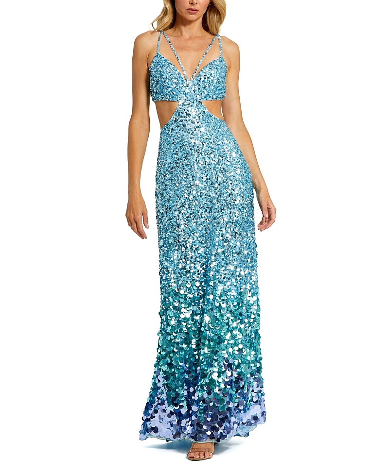 Mac Duggal Thin Strap Cut Out Gown With Ombre Sequins In Ice Blue