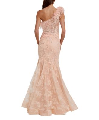 One Shoulder Feather Embellished Mermaid Gown