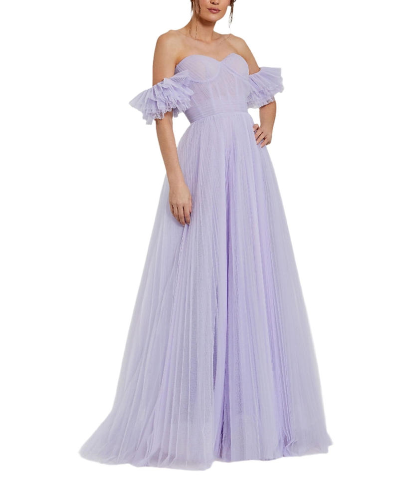 Mac Duggal Off The Shoulder Tulle A Line Gown In Lilac