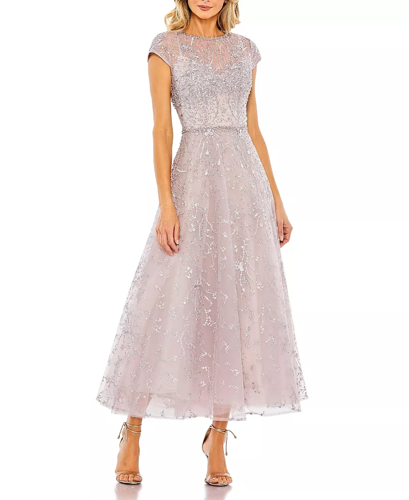 Mac Duggal Women's Embellished High Neck Cap Sleeve A Line Dress