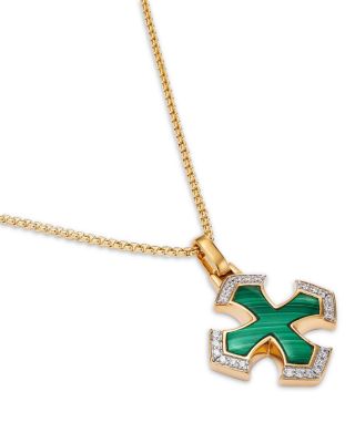 Men's Malachite & Diamond Cross Pendant Necklace in 14K Gold