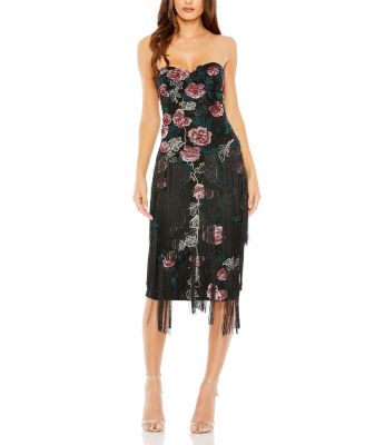 Mac Duggal - Strapless Floral Embroidered Midi Dress with Fringe Detailing