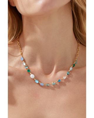 Blue Lagoon Mixed Stone Collar Necklace in 18K Gold Plated, 24"