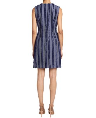 IDA Sleeveless Stripe Fringed Denim Shift Dress with Skirt Zipper Detail