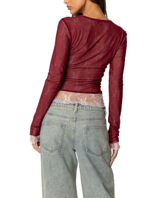  Lacey Sheer Mesh Crew Neck Top