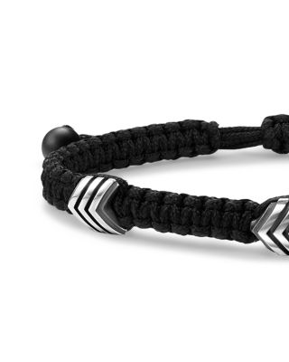 Sterling Silver Black Onyx Chevron Black Nylon Woven Station Bracelet