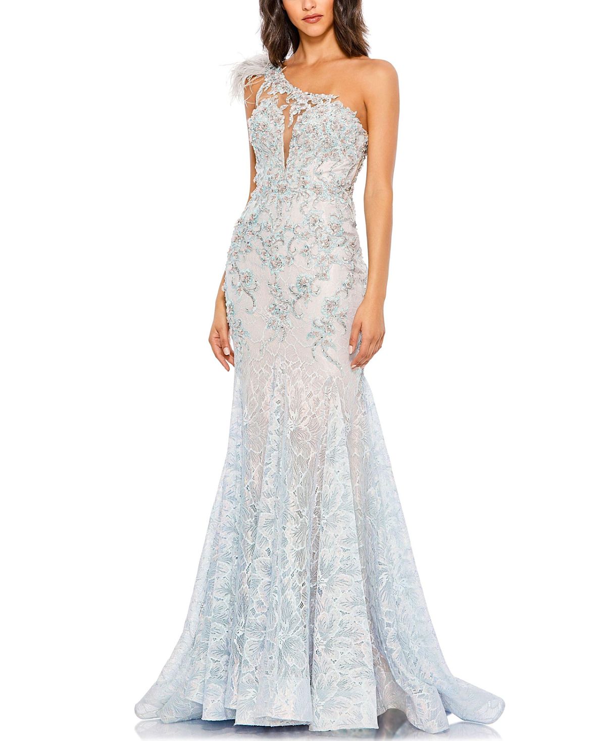 Mac Duggal Embroidered Applique Feathered One Shoulder Gown