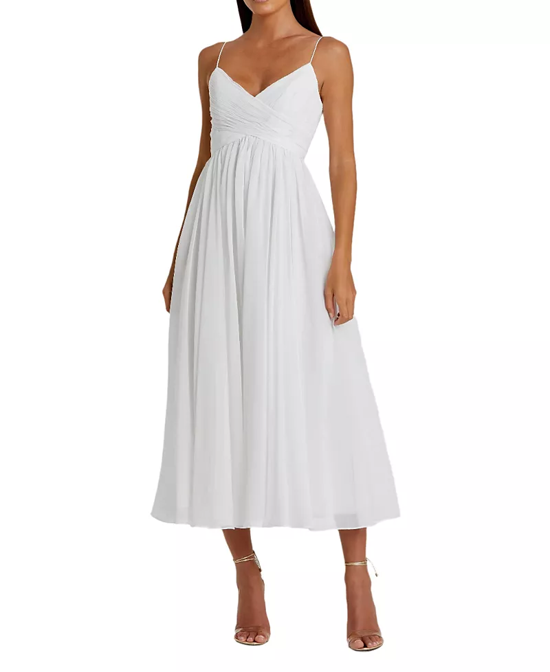 Mac Duggal Faux Wrap Sleeveless Flowy Midi Dress