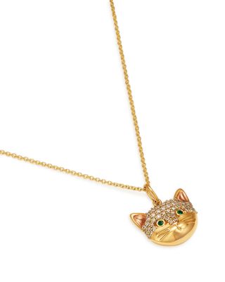 14K Yellow Gold Diamond & Emerald Cat Charm Pendant Necklace, 18"