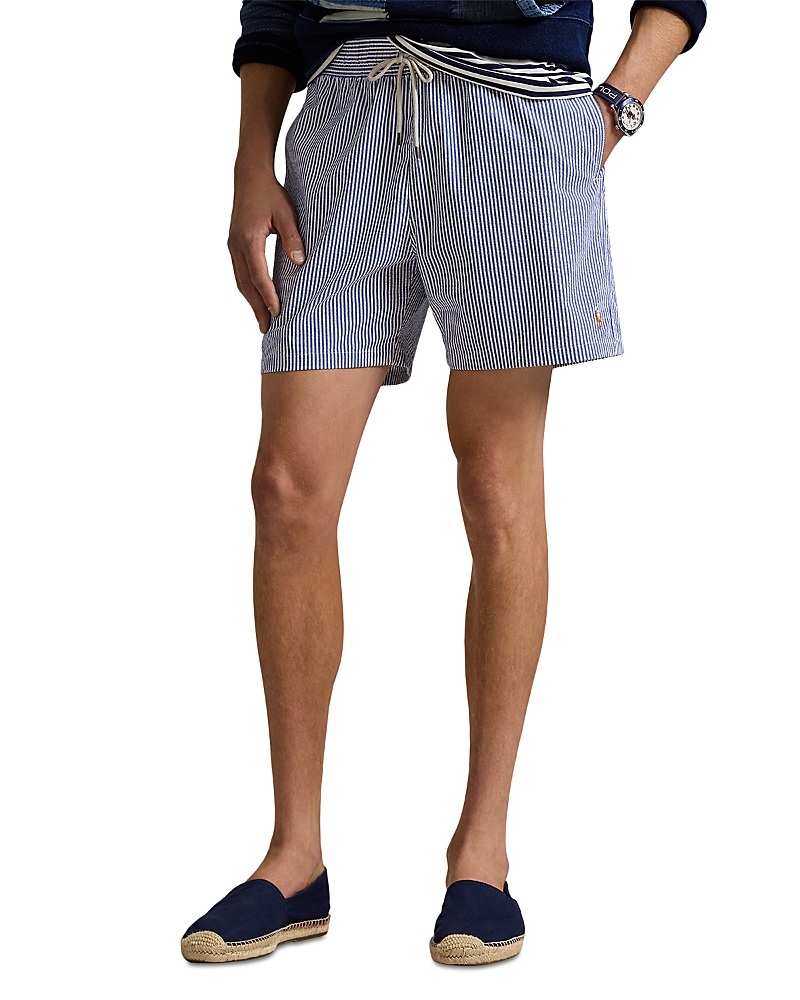 Polo Ralph Lauren Striped Logo Swim Shorts In Cruise Royal Seersucker