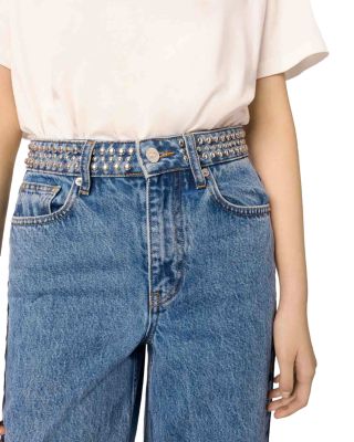 Studded Mid Rise Wide Leg Jeans in Blue Jean