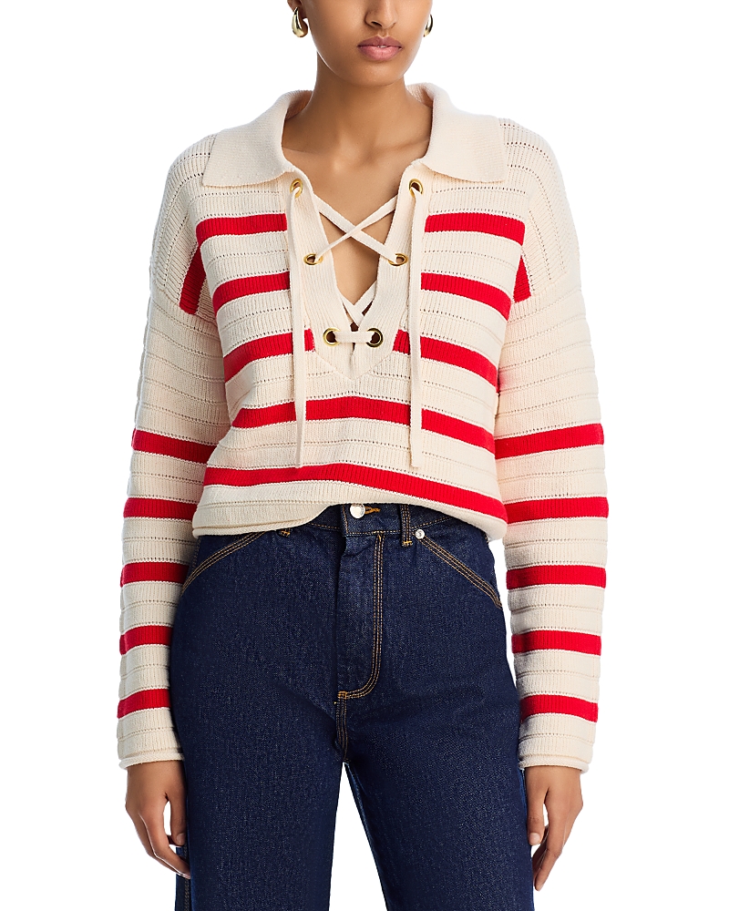 AQUA LACE UP STRIPE POLO SWEATER - EXCLUSIVE