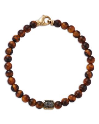 Bloomingdale's Fine Collection - Men's Black Diamond Station Tiger's Eye Bead Bracelet in 14K Yellow Gold