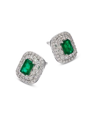 Emerald & Diamond Double Halo Statement Stud Earring in 14K White Gold