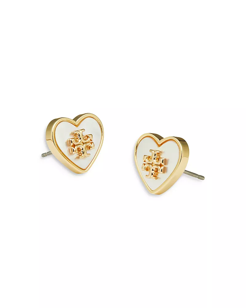 Tory Burch Kira Mother Of Pearl Heart Stud Earrings in Gold Tone